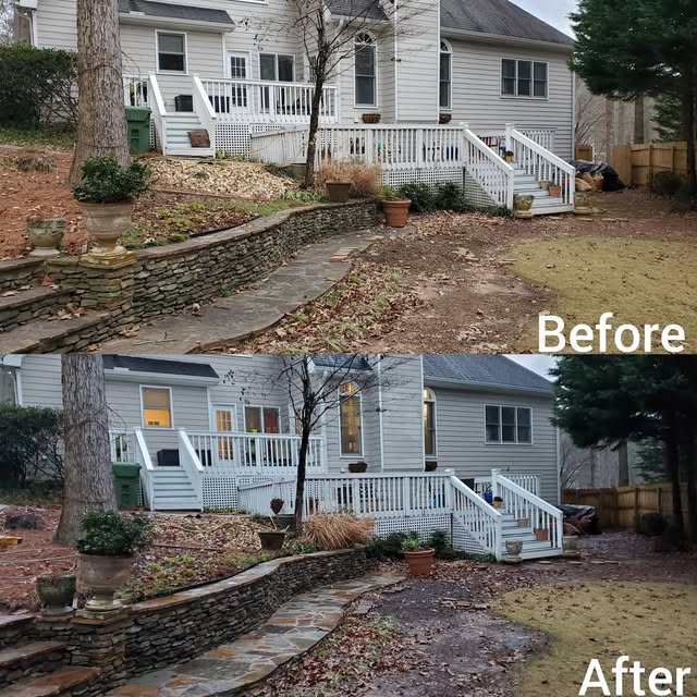Stone Walkway & Retaining Wall before and after pressure washing