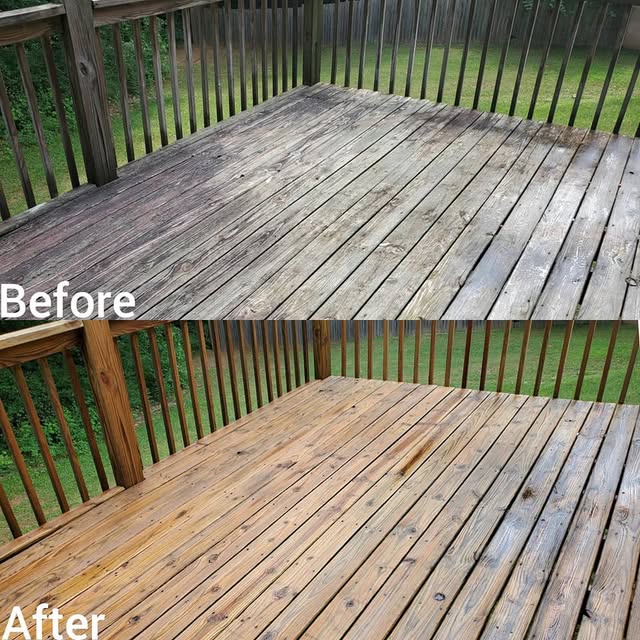 Weathered Deck Restoration before and after pressure washing